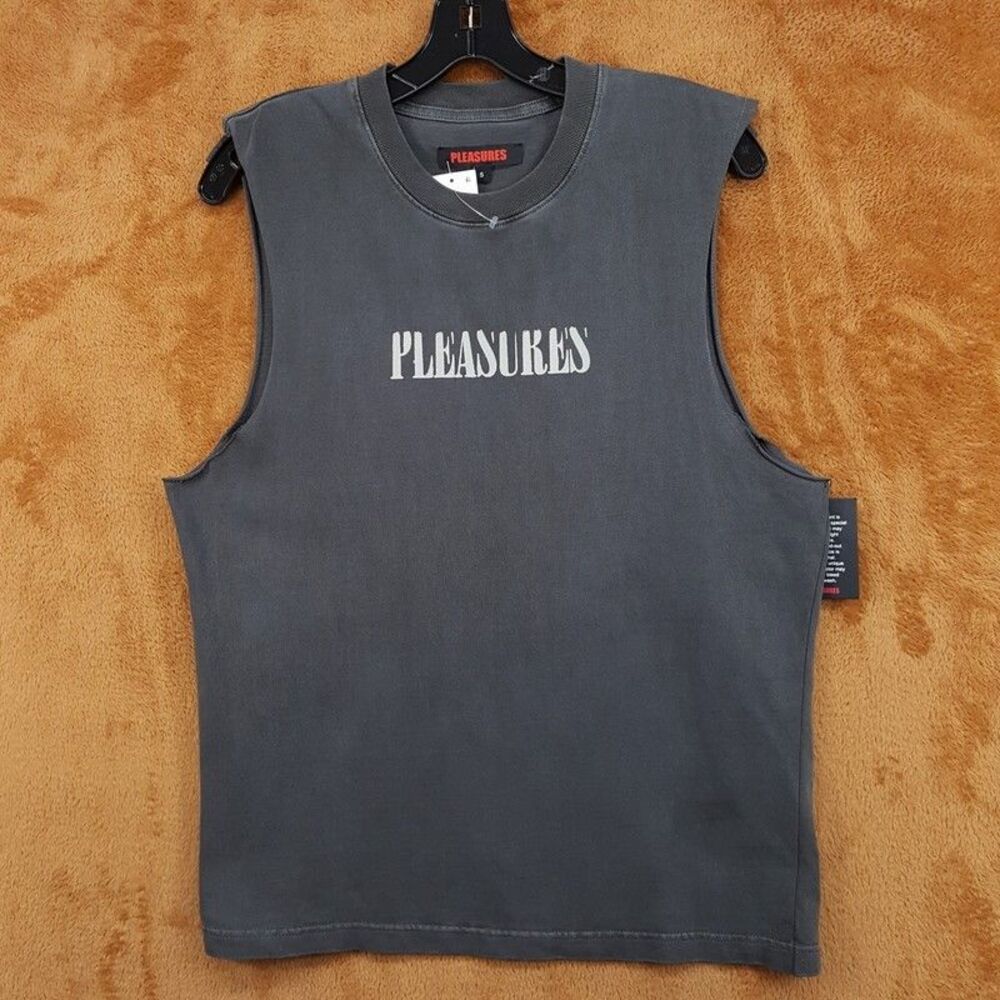 PLEASURES Shirt Mens Small Grey Pullover Cut Off Crew Sleeveless Logo Tank Tee